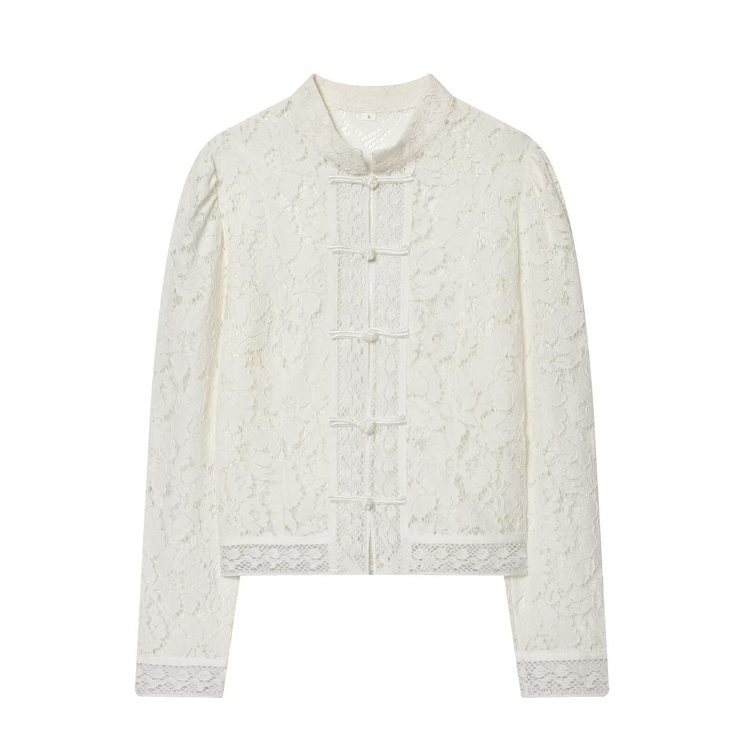 Women's lace jacket with mandarin collar and decorative frog closures Amarae