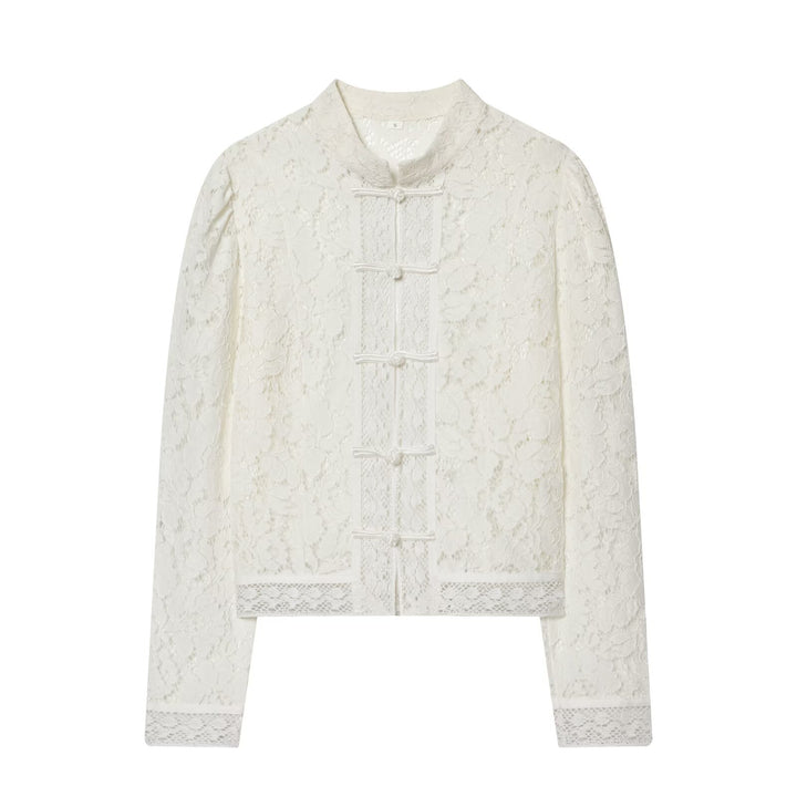 Women's lace jacket with mandarin collar and decorative frog closures Amarae