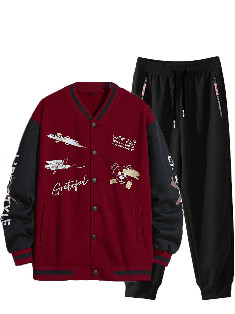 Men's College Style Sports Jacket Set and Jogging Pants with Colorful Patterns Lune London