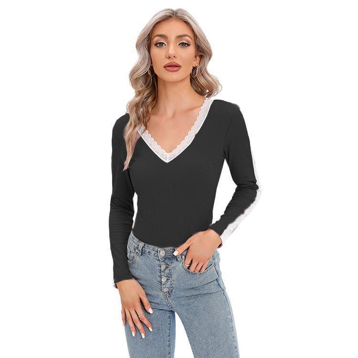 Woman Long Sleeve Top with V-neck and Lace Accents Lune London