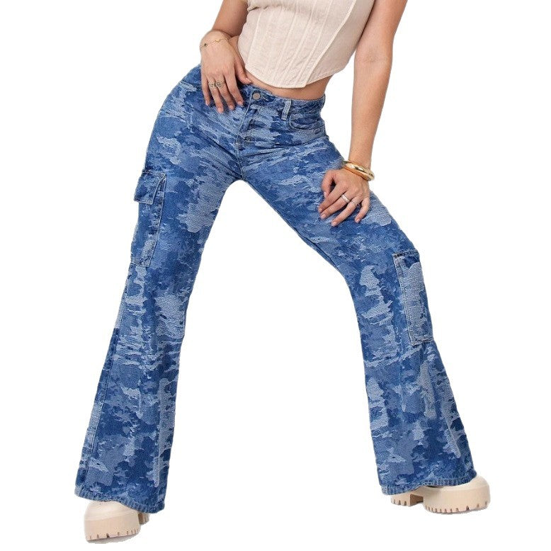 Women’s High-Waisted Palazzo Cargo Jeans made of Camouflage Denim with Patch Pockets Amarae