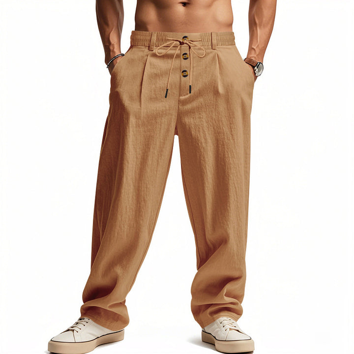 Casual linen pants for men with elastic waistband and practical buttons Lune London