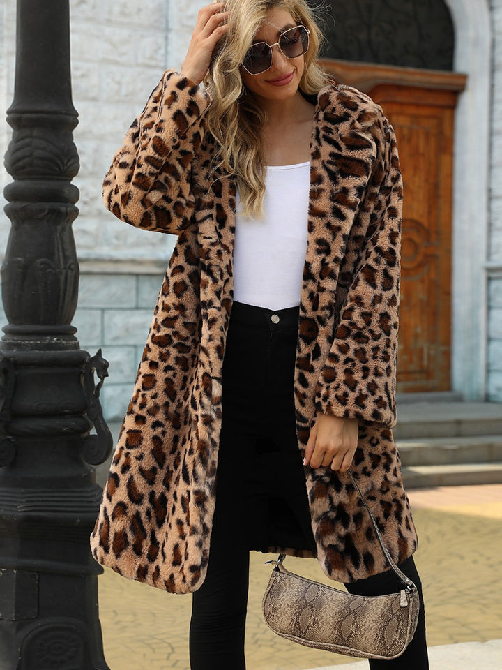 Women Elegant Faux Fur Leopard Print Coat Lune London