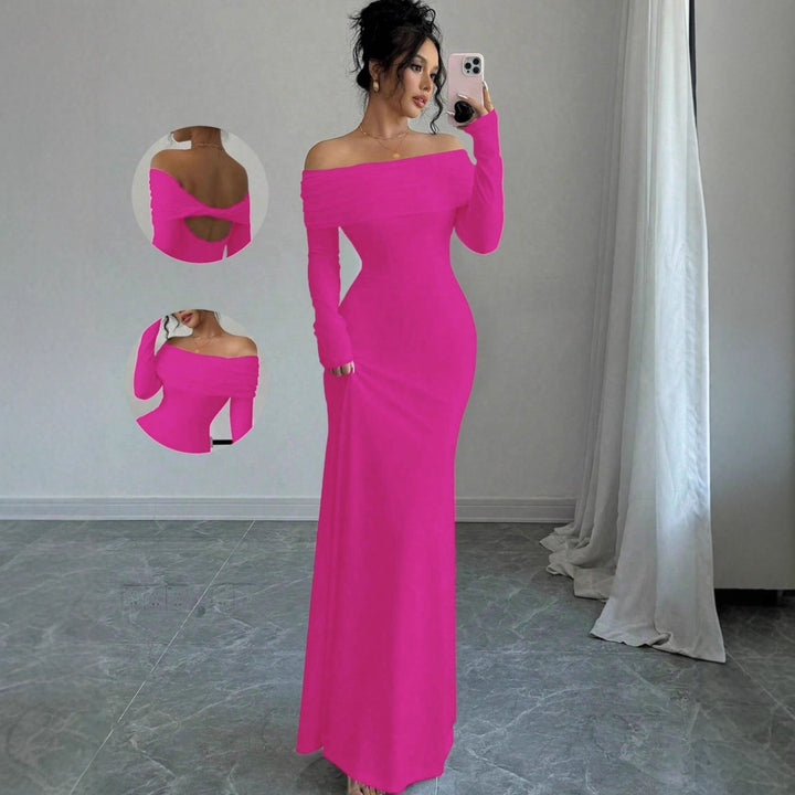 Elegant off-shoulder maxi dress for women with refined details at the back Lune London
