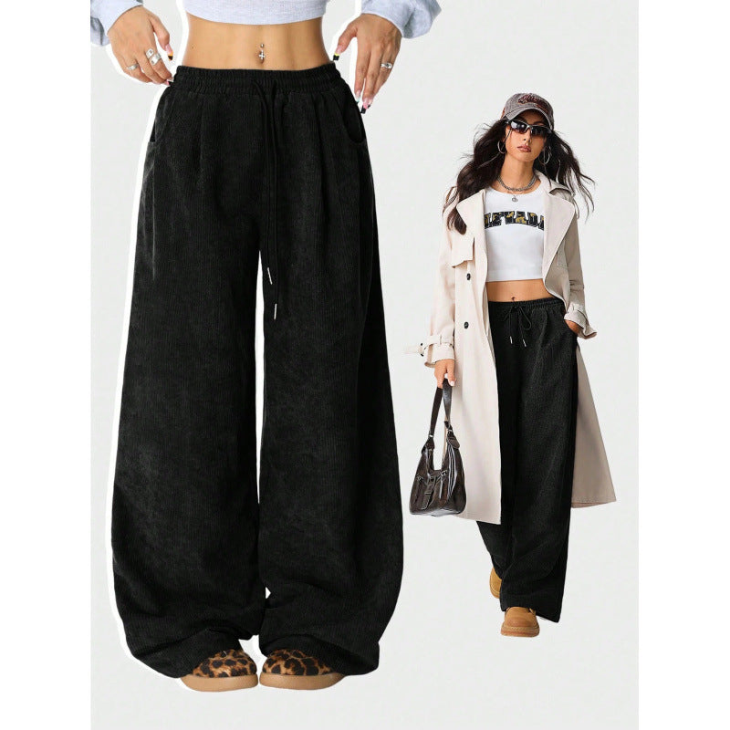 Ladies Wide Cord Pants with High Elastic Waist and Drawstring Amarae