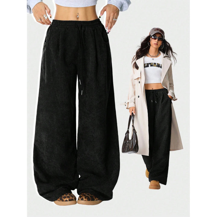 Ladies Wide Cord Pants with High Elastic Waist and Drawstring Amarae
