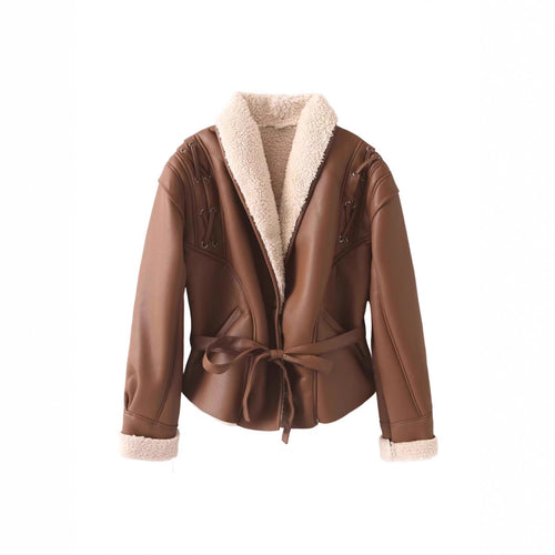 Trendy faux leather jacket for women with soft lining and tie belt Amarae