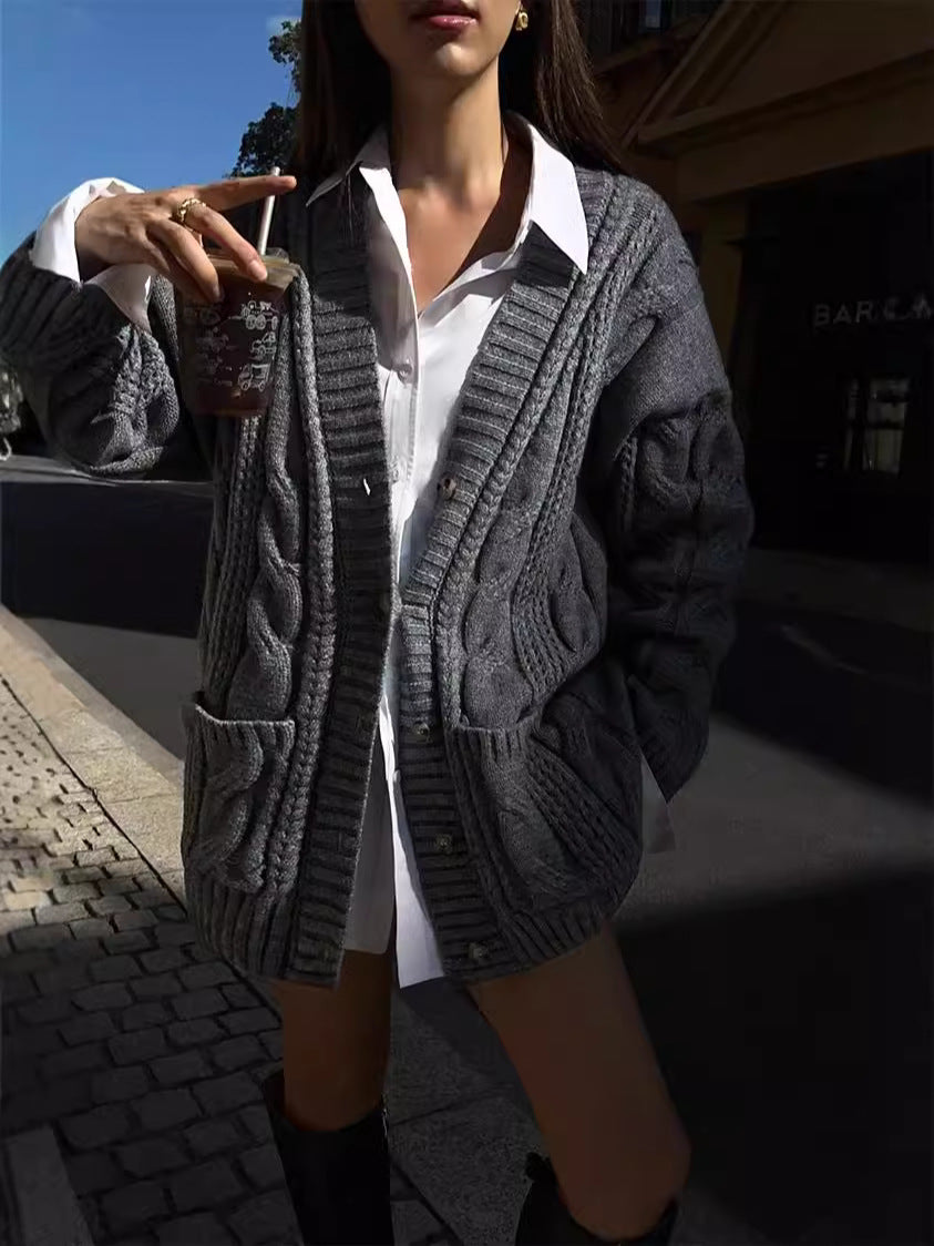 Knit cardigan for women with deep V-neck and structured twisted pattern Lune London