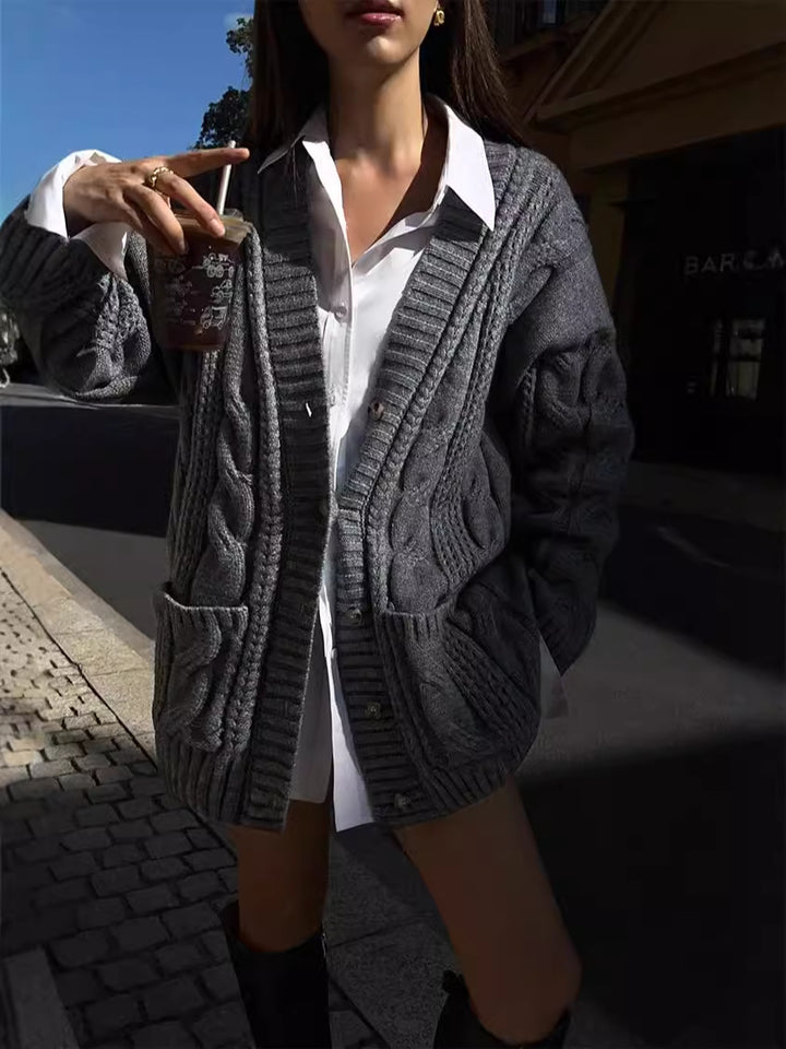 Knit cardigan for women with deep V-neck and structured twisted pattern Lune London