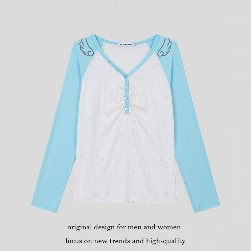 Women's Long Sleeve Henley Shirt with Raglan Sleeves, Gathered and Star Print Amarae