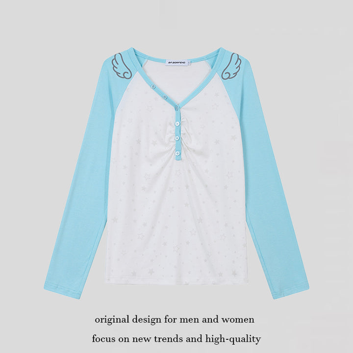 Women's Long Sleeve Henley Shirt with Raglan Sleeves, Gathered and Star Print Amarae
