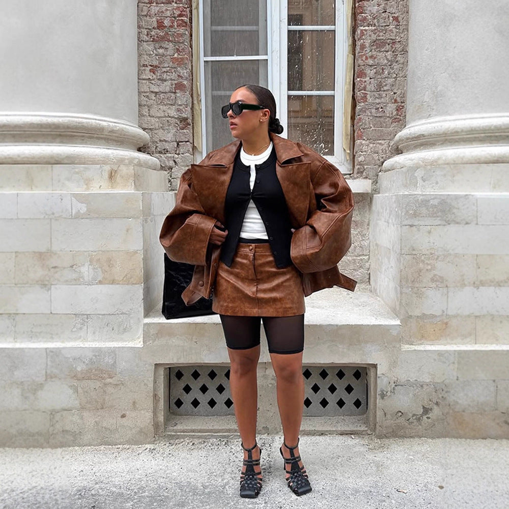 Women's Cropped Boxy Faux Leather Coat with Oversized Lapels and Double-Breasted Button Placket Amarae
