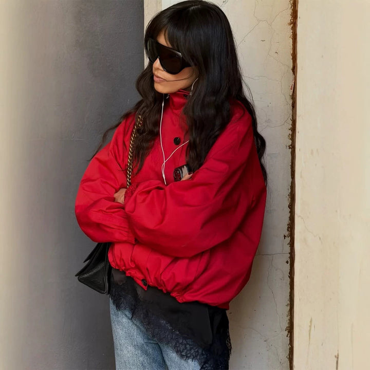 Women's Short Boxy Bomber Jacket with Drawstring and Balloon Sleeves Amarae