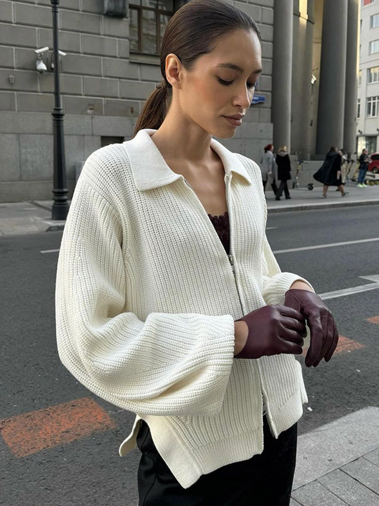 Women Ribbed Cardigan with Zipper, Shirt Collar & Balloon Sleeves Amarae