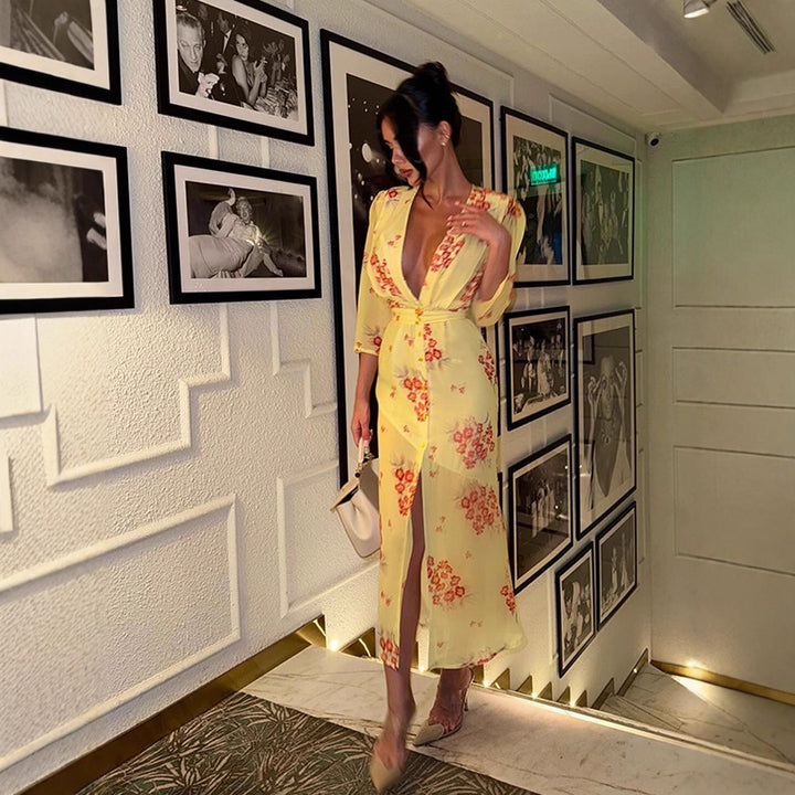 Women's maxi dress with deep V-neckline, tailored corset and high leg slit Amarae