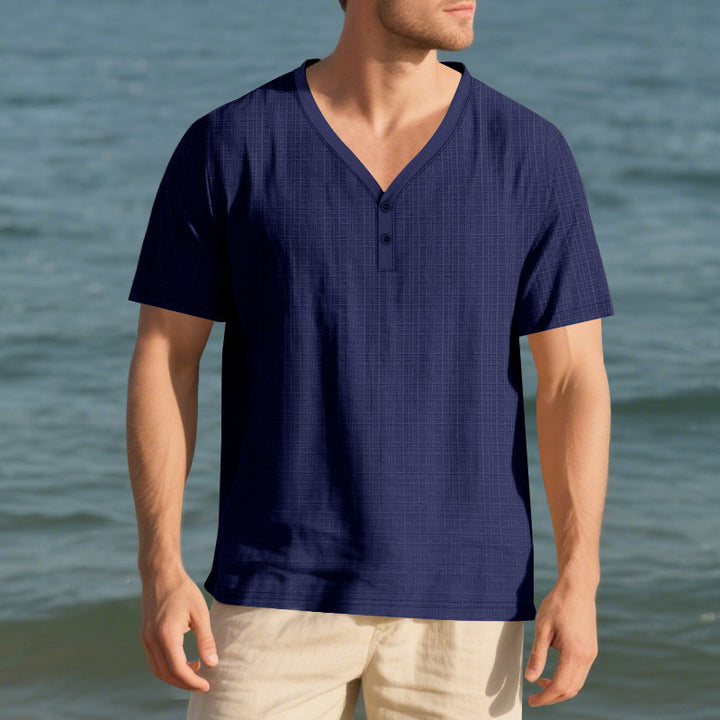 Men's short sleeve Henley shirt with textured design and stylish accents Lune London