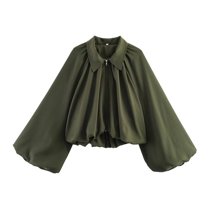 Women Short Cape Jacket with Wide Balloon Sleeves and Zipper Amarae
