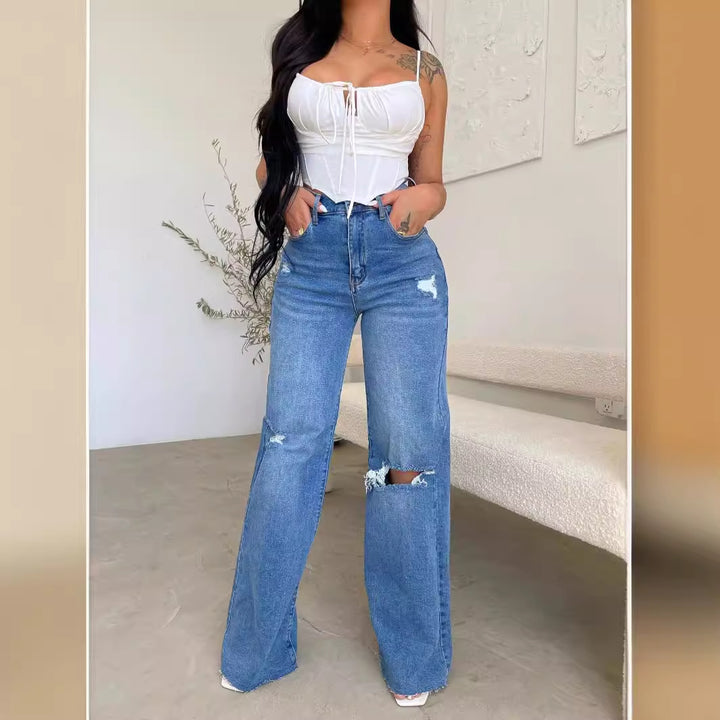 Women's wide-cut jeans with distressed details and high waistband Lune London