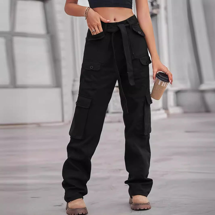 Ladies cargo pants with high waist, tie belt, and multiple flap pockets Amarae