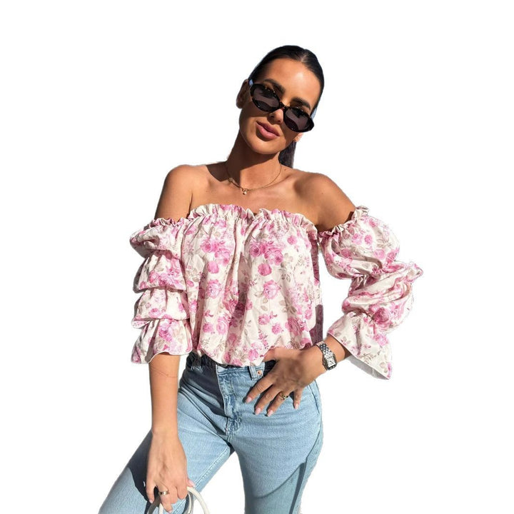 Woman Chic Top with Off-Shoulder and Puff Sleeves with Flowers