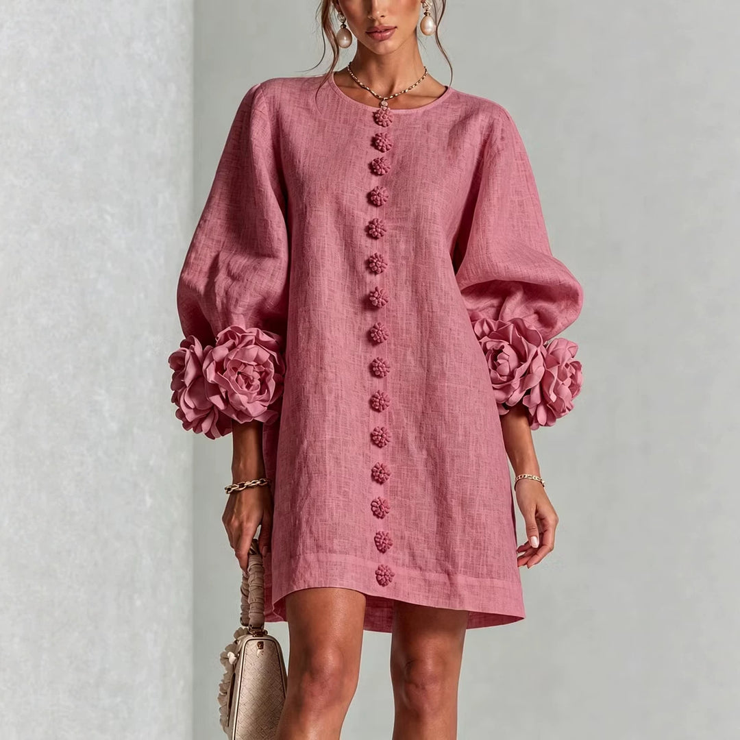 Ladies linen dress in A-line cut with balloon sleeves and 3D flower decoration Amarae