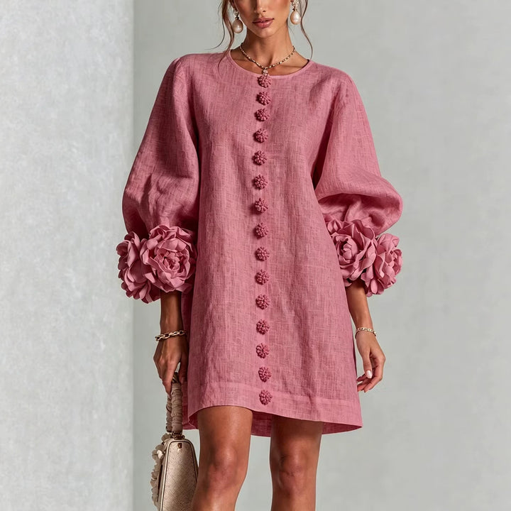 Ladies linen dress in A-line cut with balloon sleeves and 3D flower decoration Amarae