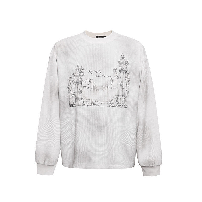 Women’s Oversized Sweatshirt with Waffle Texture, Round Neck and Ruins Sketch Print Amarae