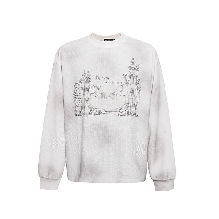 Women’s Oversized Sweatshirt with Waffle Texture, Round Neck and Ruins Sketch Print Amarae