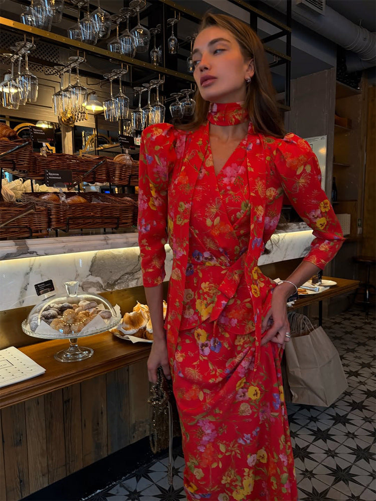 Women's Wrap Maxi Dress with Floral Print, Puff Sleeves and Shawl Collar Amarae