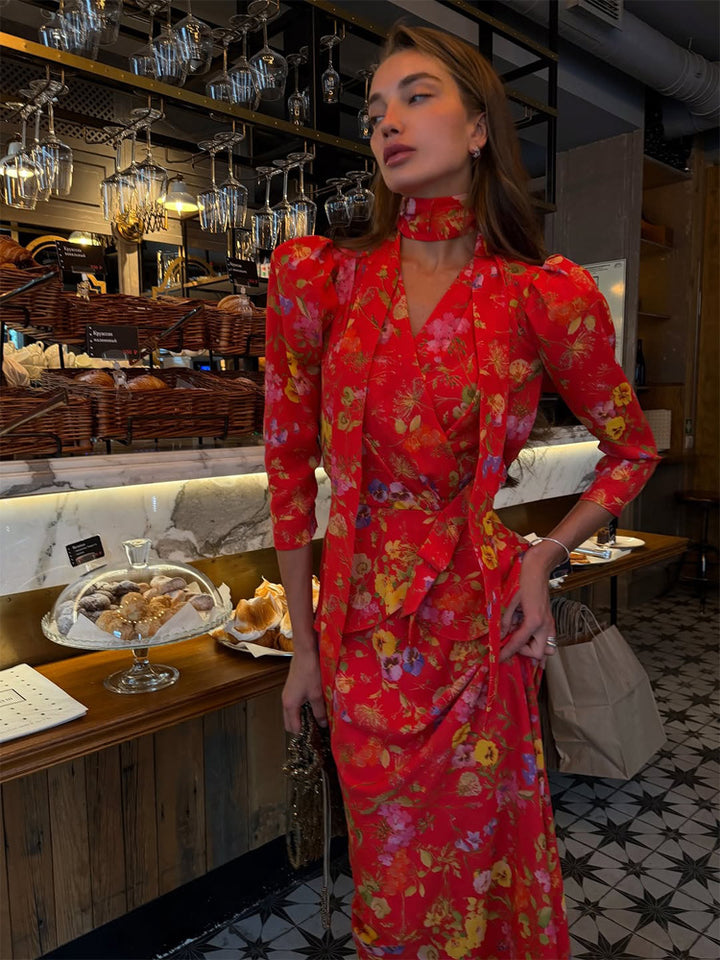 Women's Wrap Maxi Dress with Floral Print, Puff Sleeves and Shawl Collar Amarae