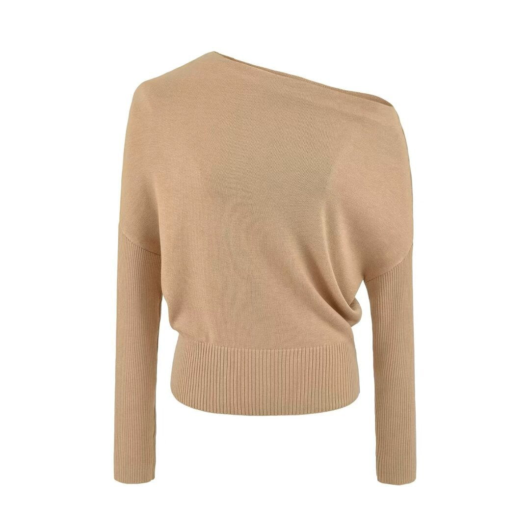 Women's Oversize One-Shoulder Pullover with Batwing Sleeves and Wide Ribbed Cuff Amarae