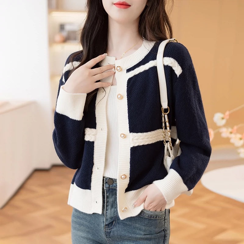 Casual knitted jacket for women with decorative braid details and shiny buttons Lune London