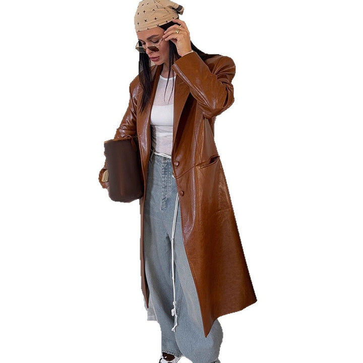 Women's long-cut patent leather trench coat with lapel collar and boxy oversized fit Amarae