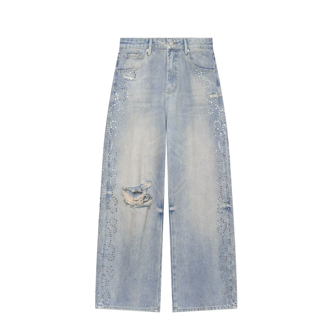 Women's jeans with a high waist, wide leg, rhinestone trim, and destroyed details Amarae