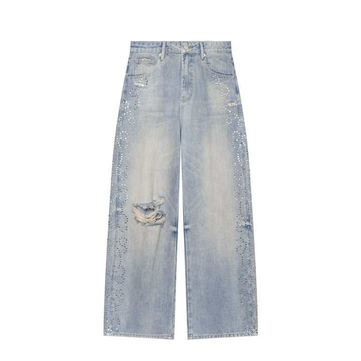 Women's jeans with a high waist, wide leg, rhinestone trim, and destroyed details Amarae