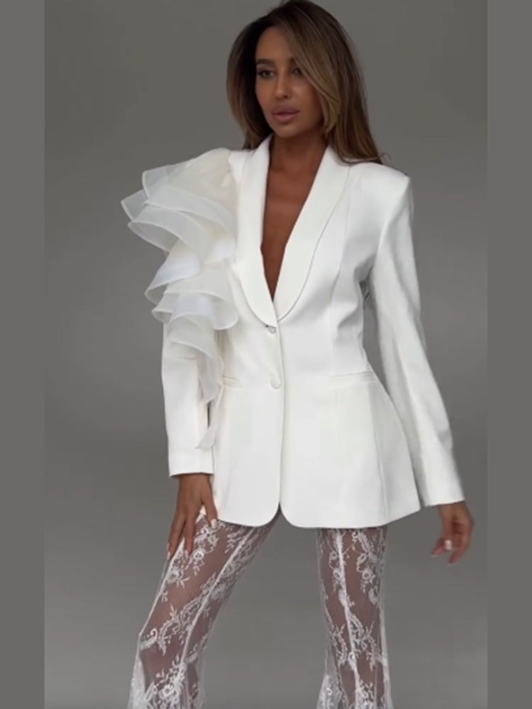 Women's tailored blazer with asymmetrical organza ruffle Amarae