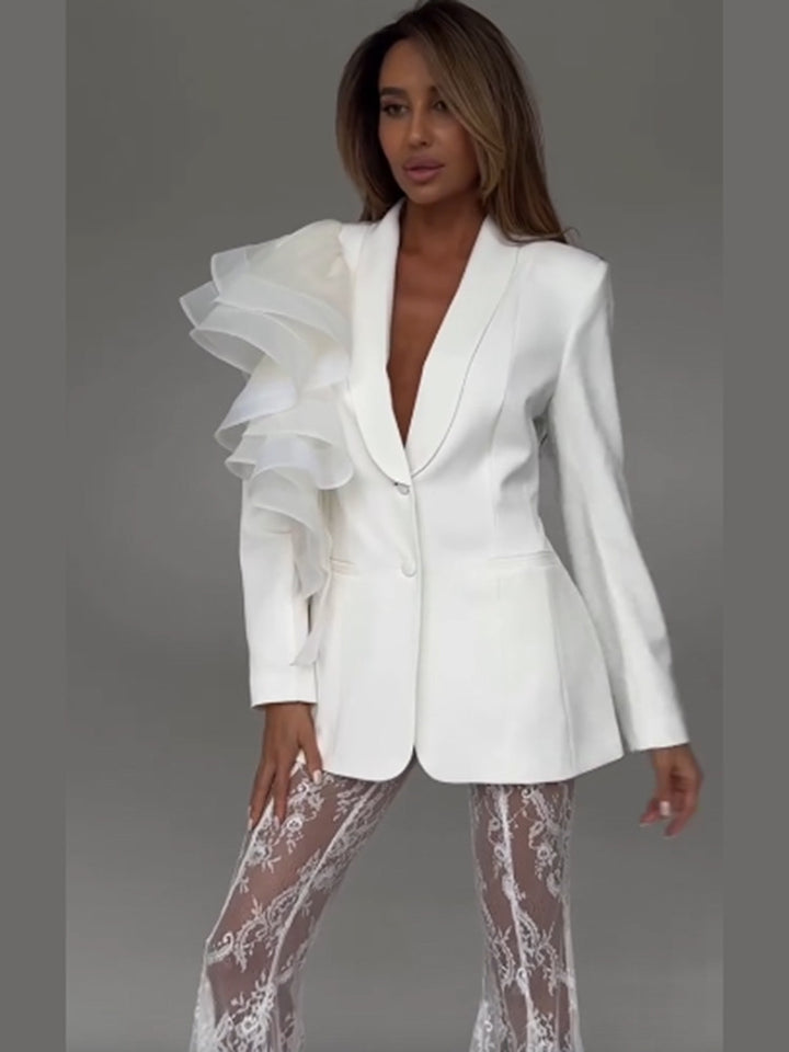 Women's tailored blazer with asymmetrical organza ruffle Amarae
