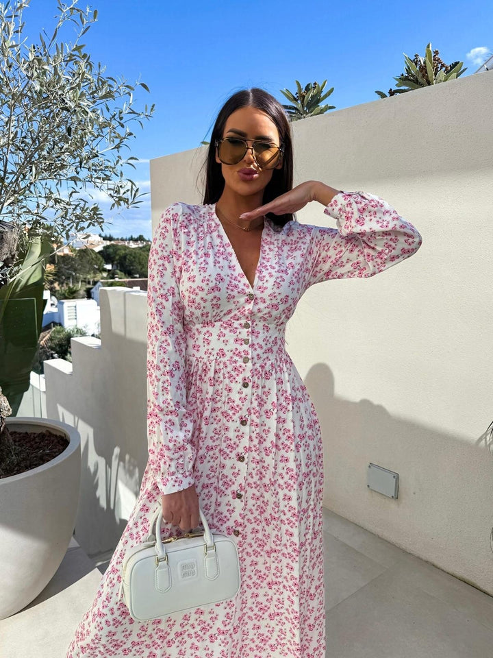 Elegant maxi dresses for women with floral patterns and button details Lune London