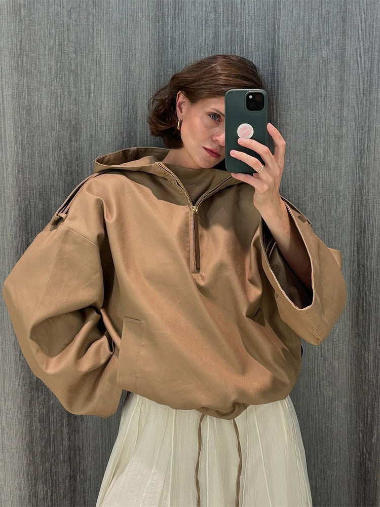 Women’s Oversized Hoodie with Half Zipper, Balloon Sleeves & Drawstring Amarae