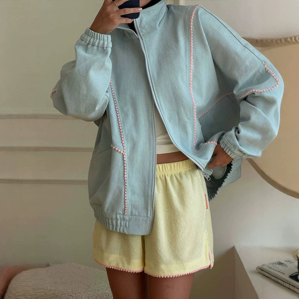 Women's Terry Loungewear Set with Zip Jacket, Oversized Cut & Pom Pom Trim Amarae