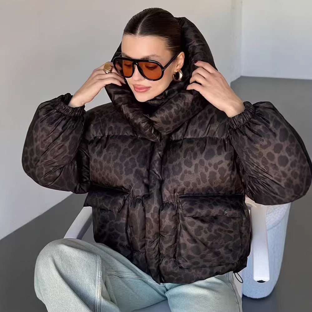 Women's Short Quilted Oversized Down-Effect Jacket with High Funnel Neck and Leopard Print Amarae