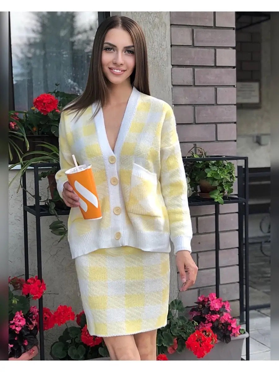 Ensemble tricot pour femmes avec motif à carreaux moderne et poches pratiques Chic & Stil
