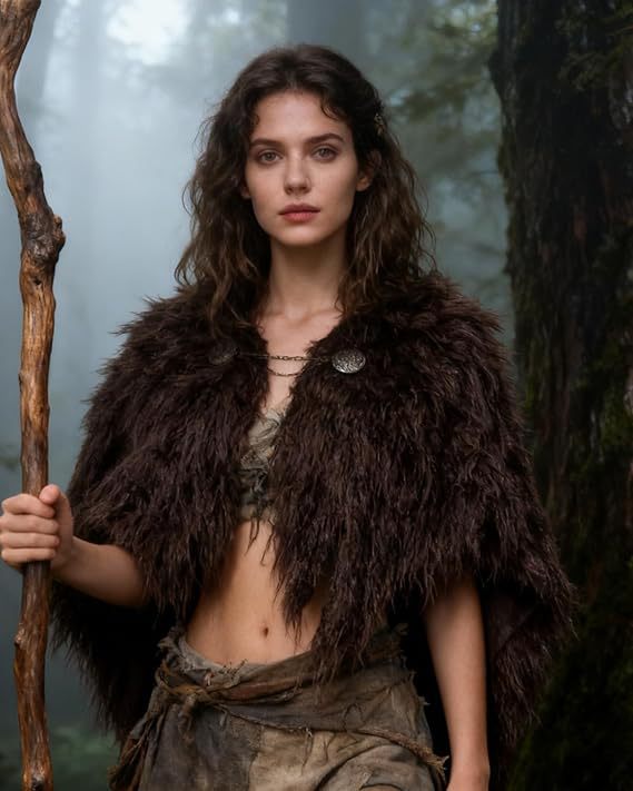 Ladies Viking-inspired Faux-Fur Cape with rustic fringe look and shoulder drape Amarae