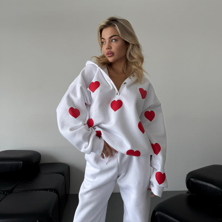 Women's fleece hooded tracksuit top with heart pattern and relaxed fit Lune London