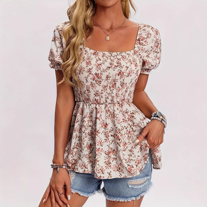 Women floral print blouse with puff sleeves and ruched top Lune London