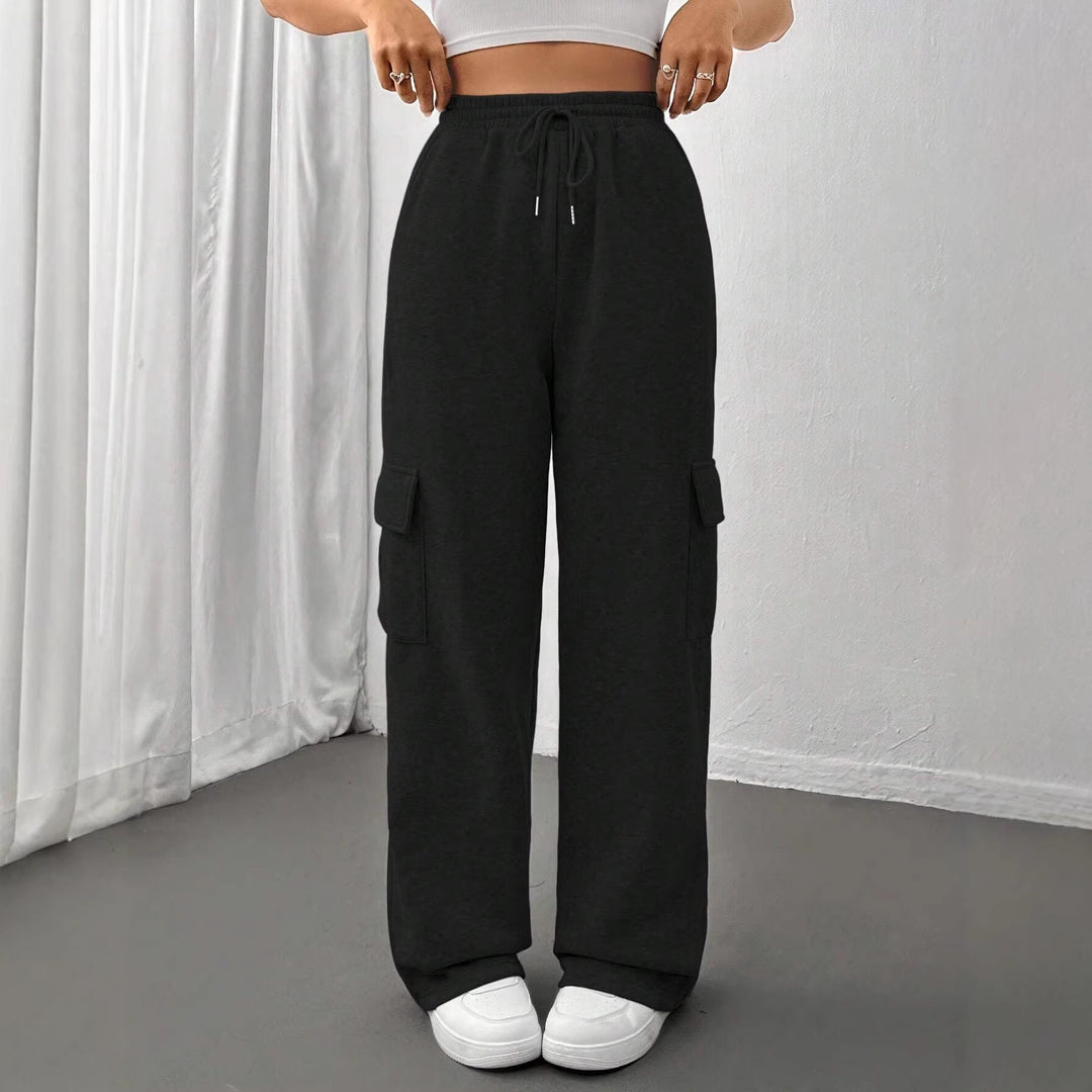 Ladies cargo jogging pants with high elastic waistband, drawstring, and wide leg Amarae