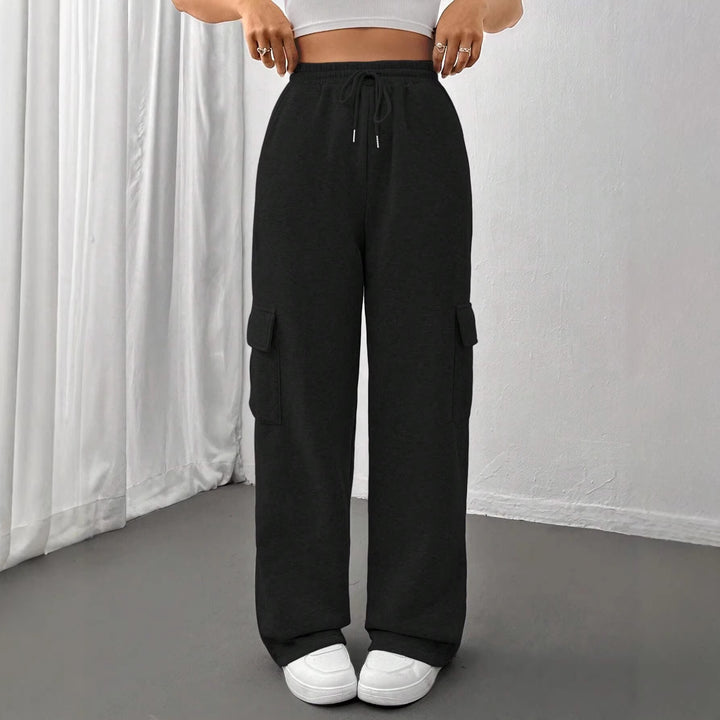 Ladies cargo jogging pants with high elastic waistband, drawstring, and wide leg Amarae