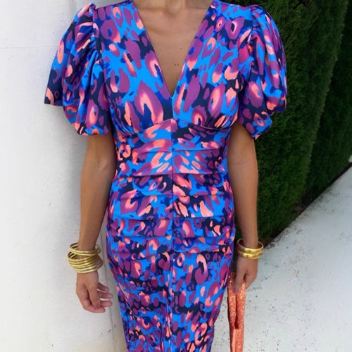 Midi dress for women with exciting puffed sleeves and a deep V-neck Amarae