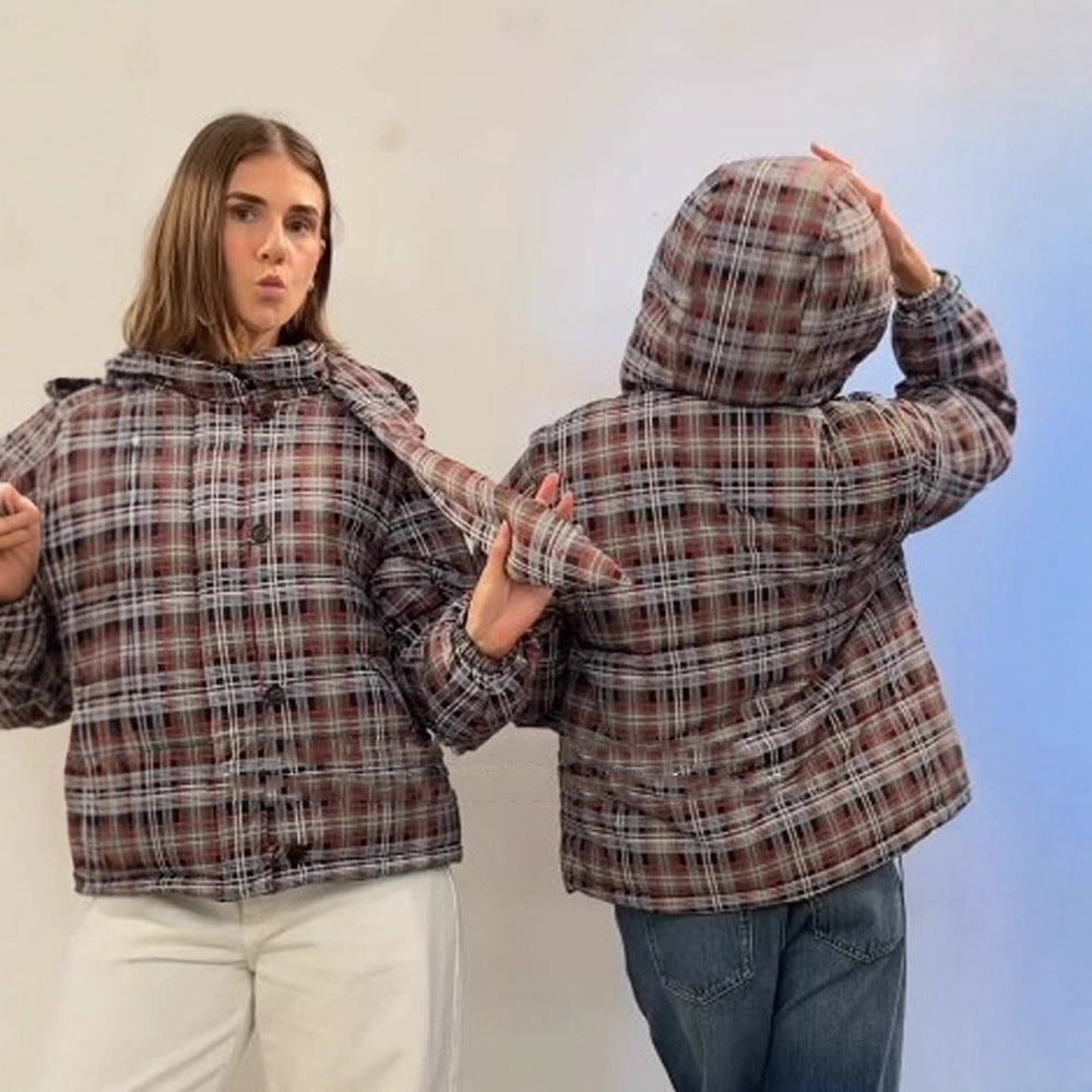 Women's short-cut checkered padded boxy quilted jacket with integrated hood and tie scarf Amarae