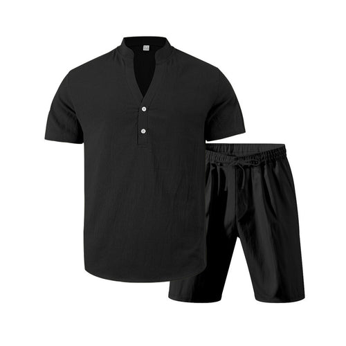 Elegant men's short sleeve set with innovative button placket and comfortable pants Amarae